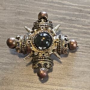 Vintage Celtic Bronze Maltese Cross Brooch with Smoky Cabochon